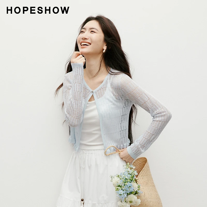 红袖2025秋女装 欧若风木耳边镂空长袖圆领短针织开衫90125240102