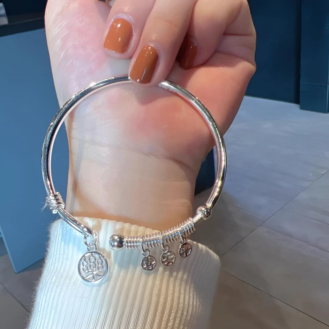 足银手镯 平安喜乐足银999.9开口镯送女友百搭简约女款宝宝可调节