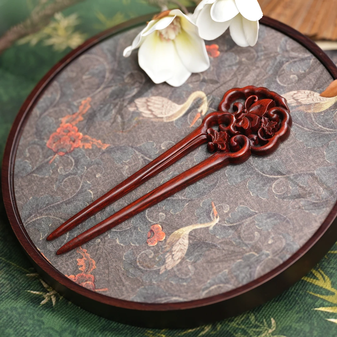 【蝶恋花】原创紫光檀木发簪新中式蝴蝶黑檀木簪子女U形盘发木双钗