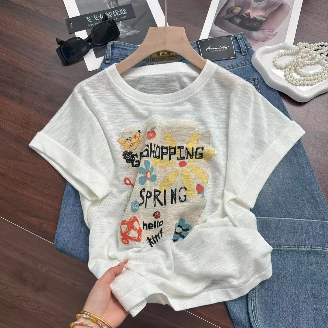 太阳花字母提花~巨好看！凉感欧若风薄款休闲短袖夏季针织衫Y7015