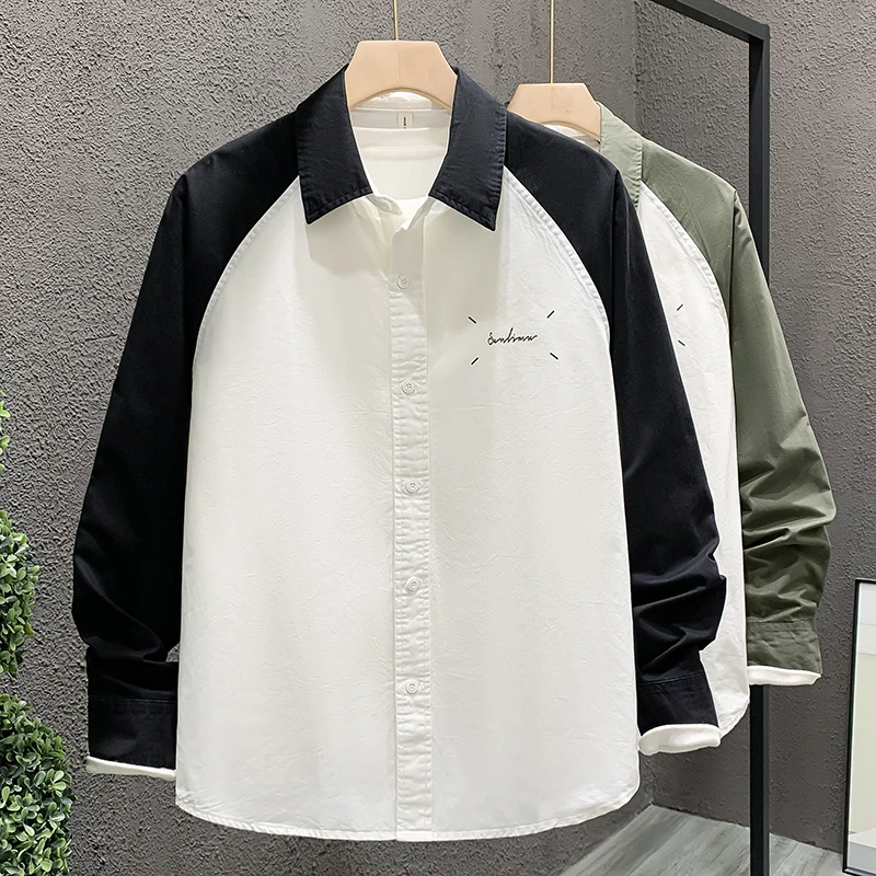 轻奢专柜品质撞色长袖男装衬衫日系拼接痞帅高级感假两件纯棉衬衣