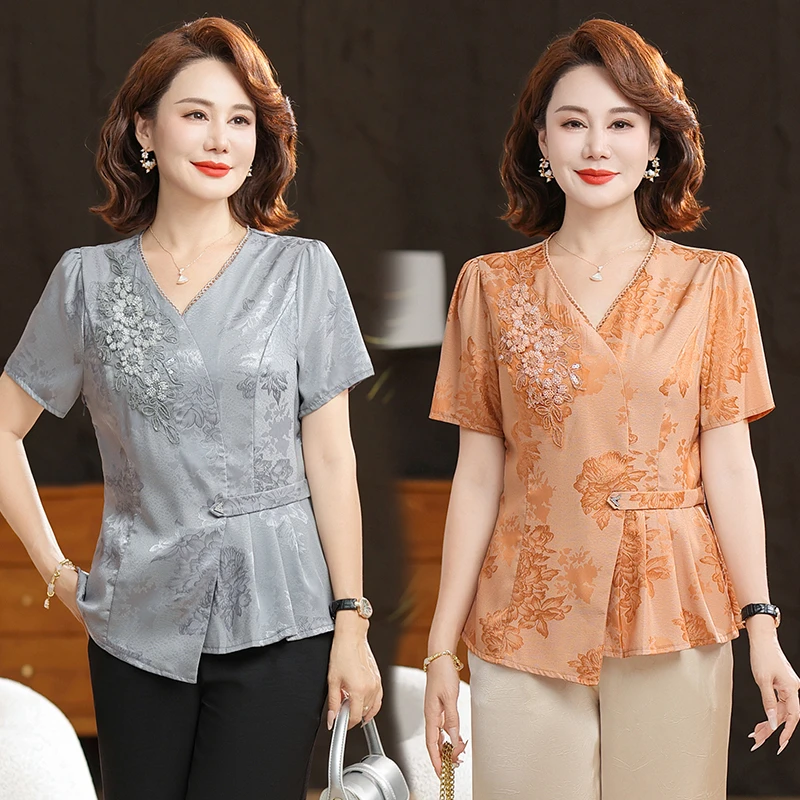 妈妈夏装新款洋气短袖小衫套装高贵新中式上衣中老年女时尚两件套