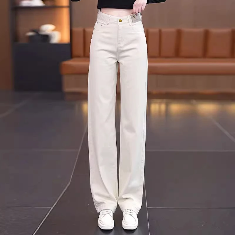 La babite拉贝缇米白色软牛仔直筒裤女2025新款春季窄版阔腿长裤