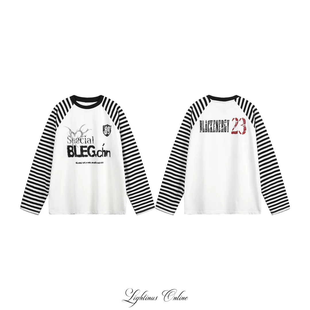 Lightinus 亚文化上衣宽松落肩插肩袖黑白条纹打底长袖T恤