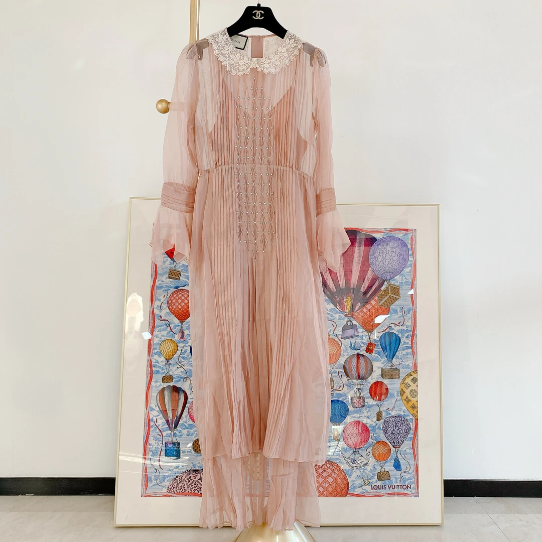 95新 GUCCI/古驰  蕾丝领边欧根纱真丝两件套连衣裙