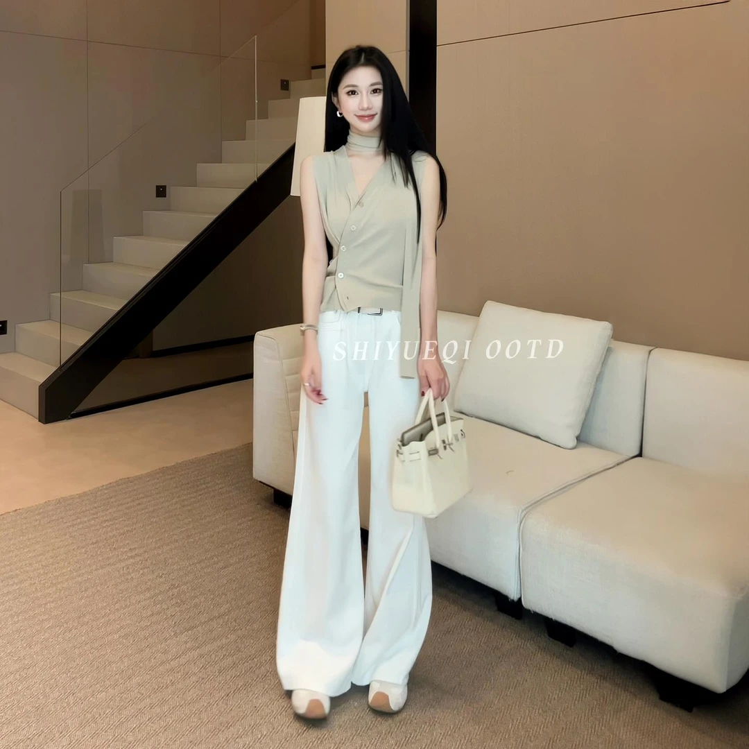 VOCKOO官方v领无袖针织开衫女飘带2025夏季新款设计感小众气质显