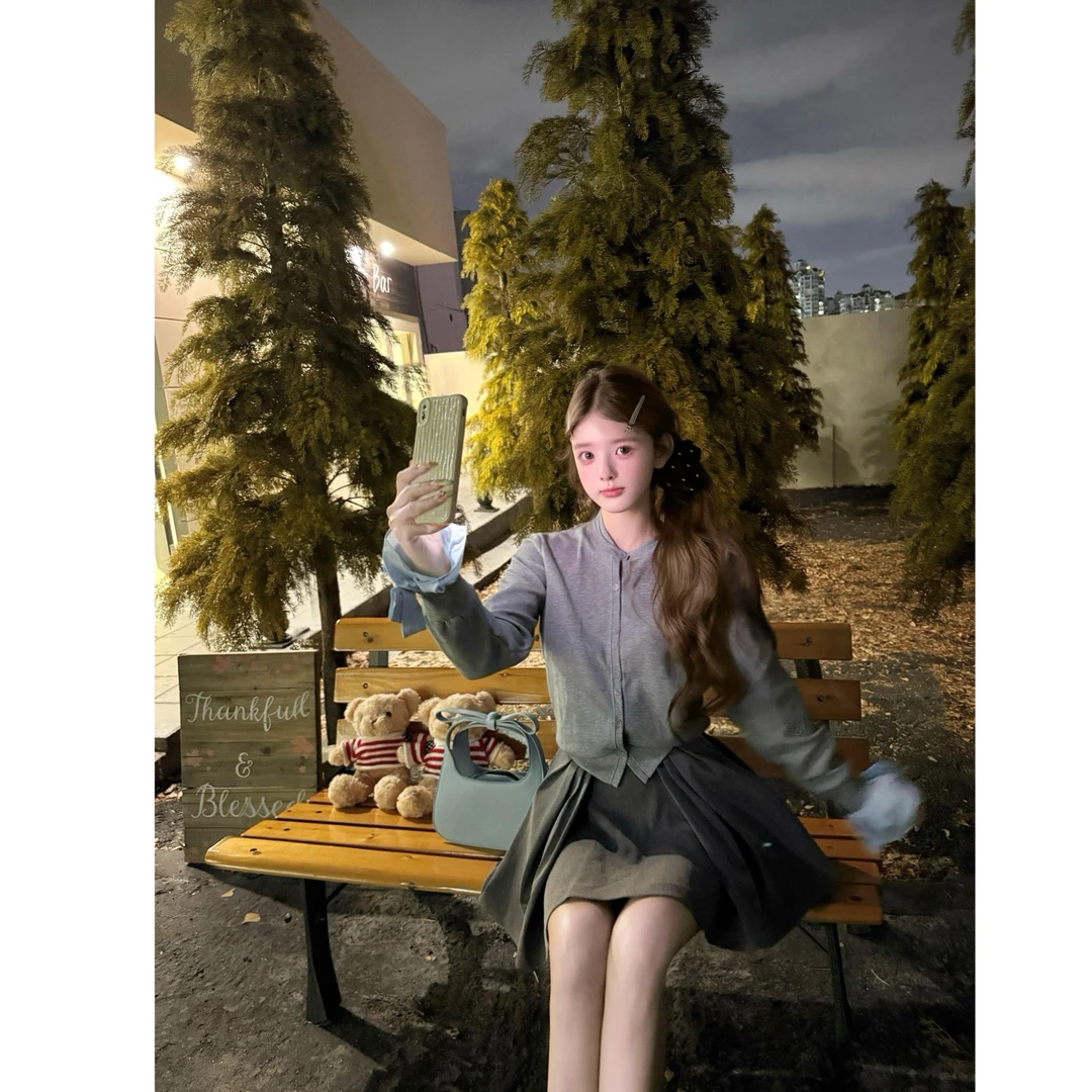 学院风韩系假两件针织开衫女秋冬新款百搭蝴蝶结拼接上衣配半身裙