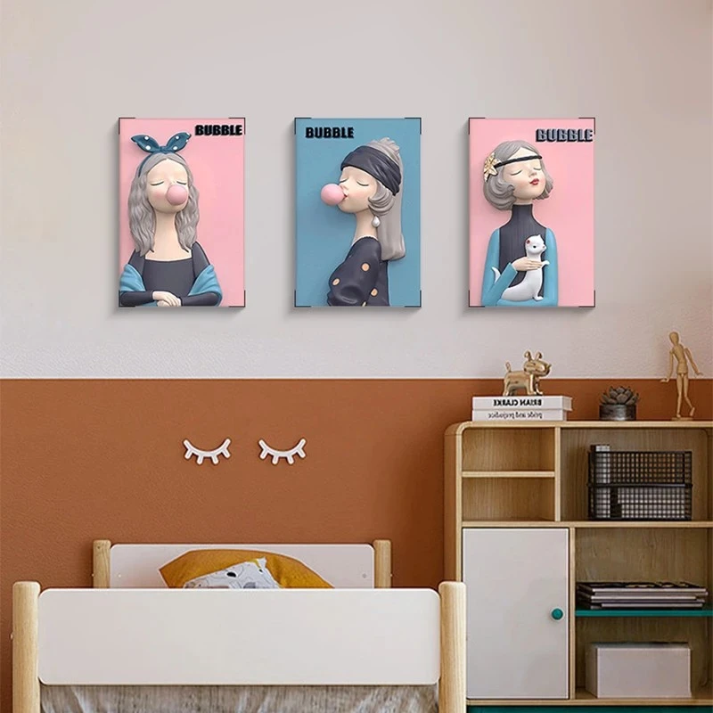 创意轻奢客厅儿童房电视背景墙装饰画卧室墙壁挂画泡泡女孩三联