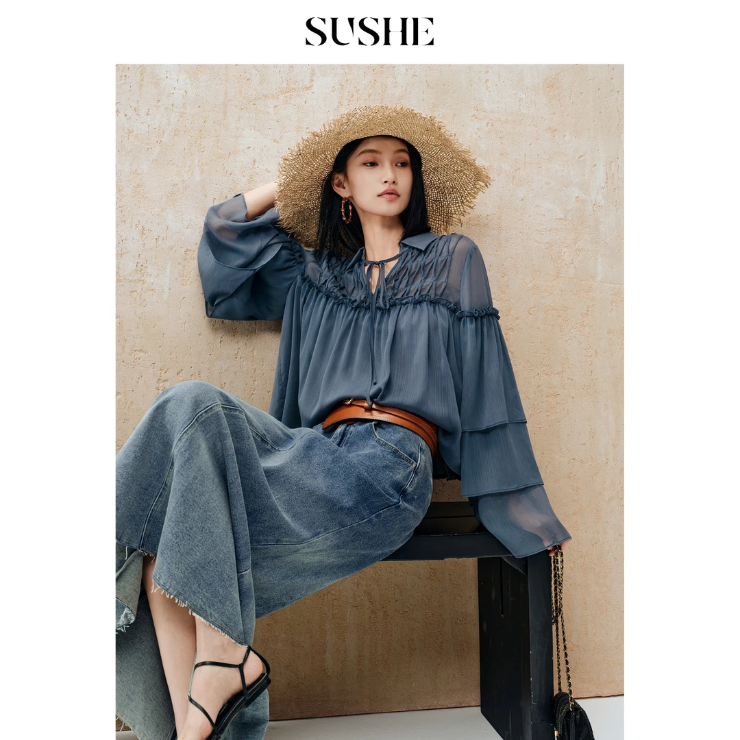 束皙SUSHE洋气浪漫法式衬衣喇叭袖轻薄宽松时尚短款雪纺衫女秋季