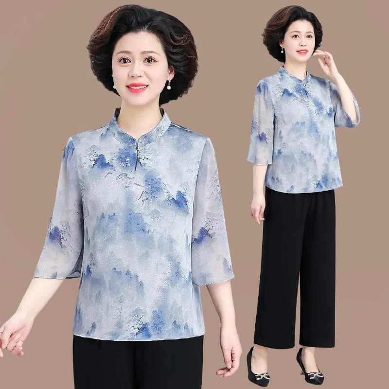 气质妈妈七分袖上衣洋气2025新款中老年人女国风雪纺衫套装两件套