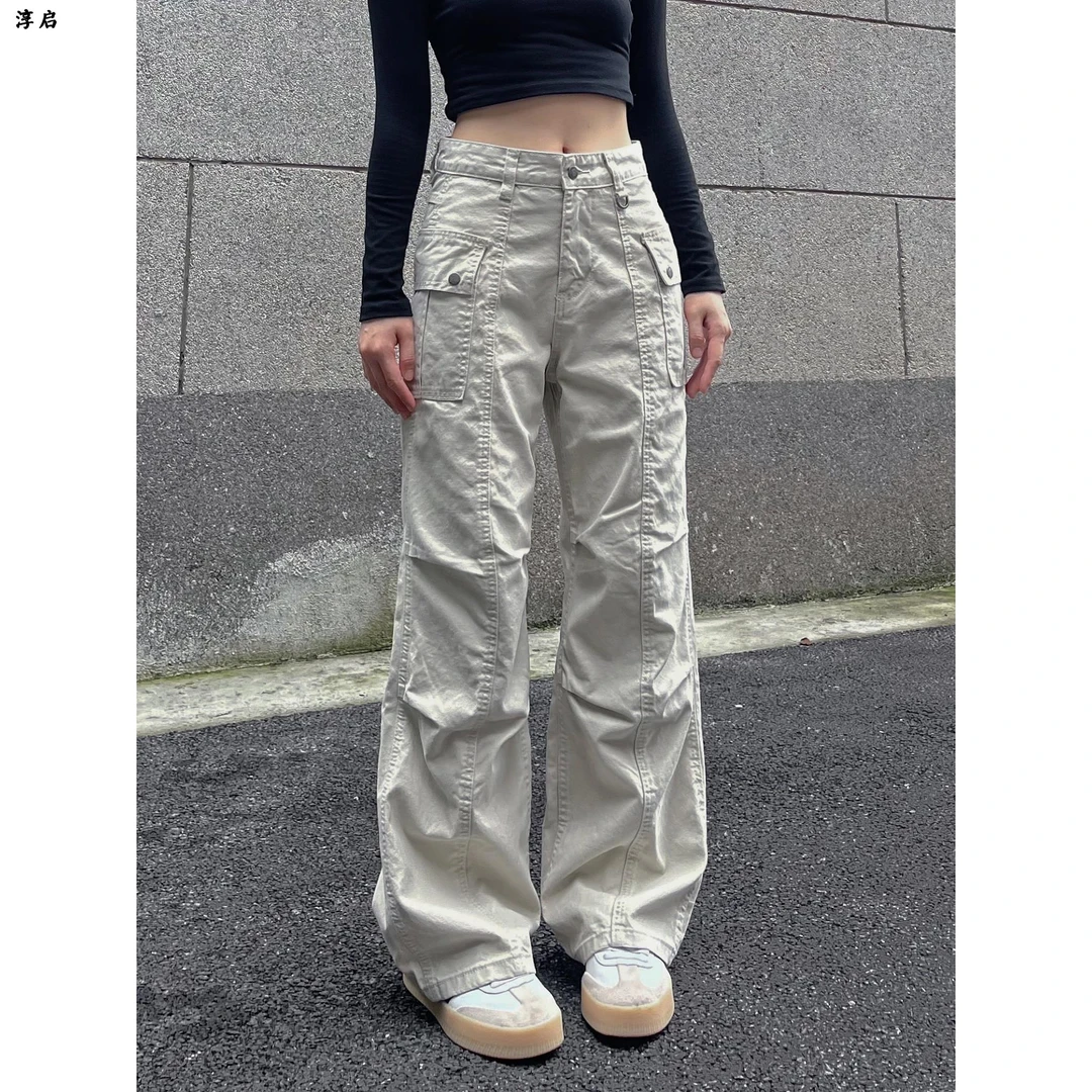 淳启时尚设计感美式复古工装裤伞兵直筒做旧褶皱牛仔辣妹休闲裤子