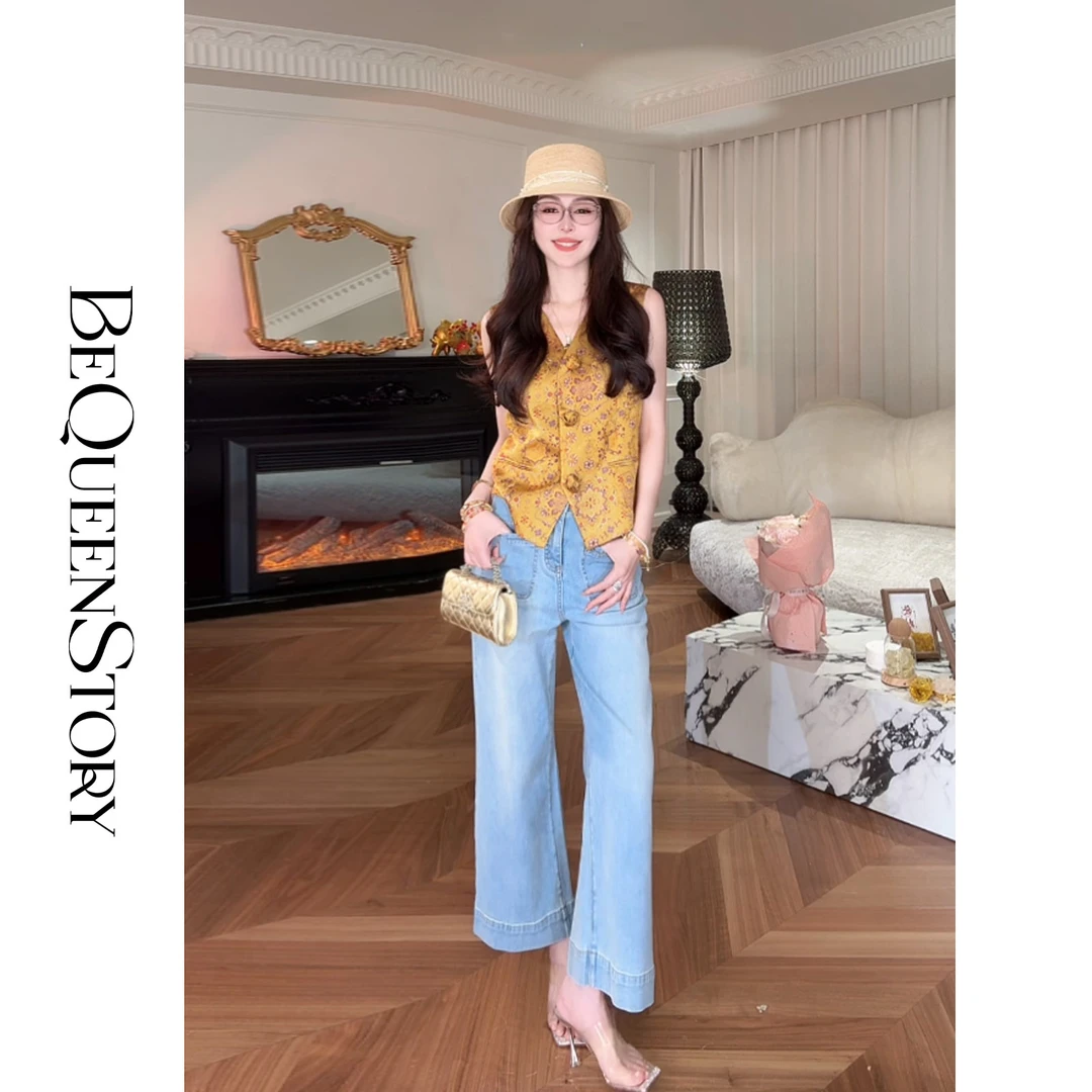 余潇潇【金陵雅韵】垂顺柔美复古人丝暗纹印花V领国风马夹