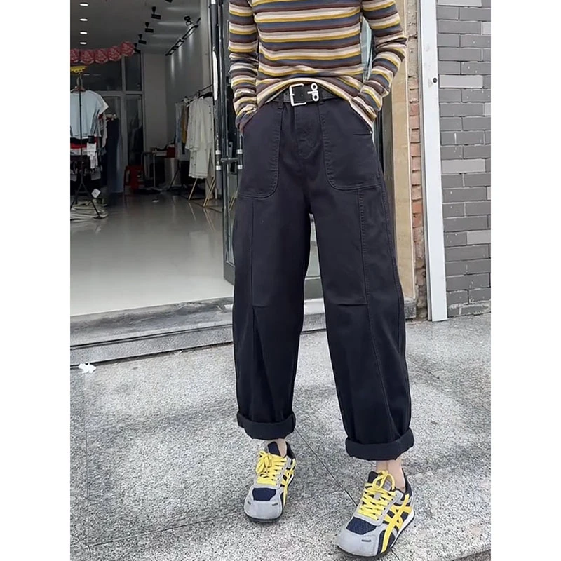 大码九分直筒牛仔裤女秋季新款高腰遮肉老爹裤胖mm宽松显瘦哈伦裤