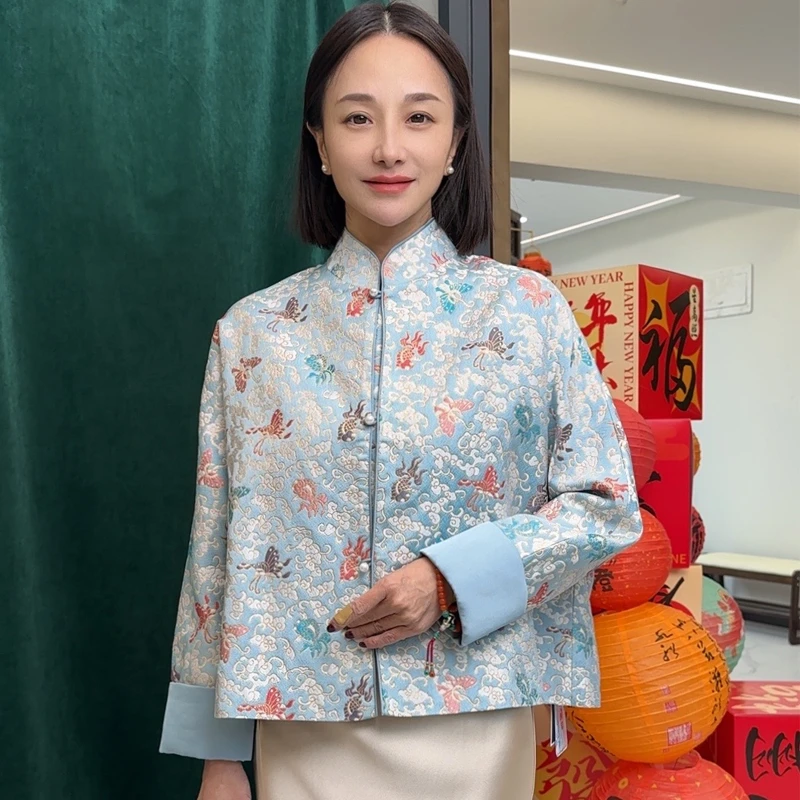 新中式金鱼彩蝶宋锦外套2025春夏中国风女装古韵轻奢短款汉服唐装