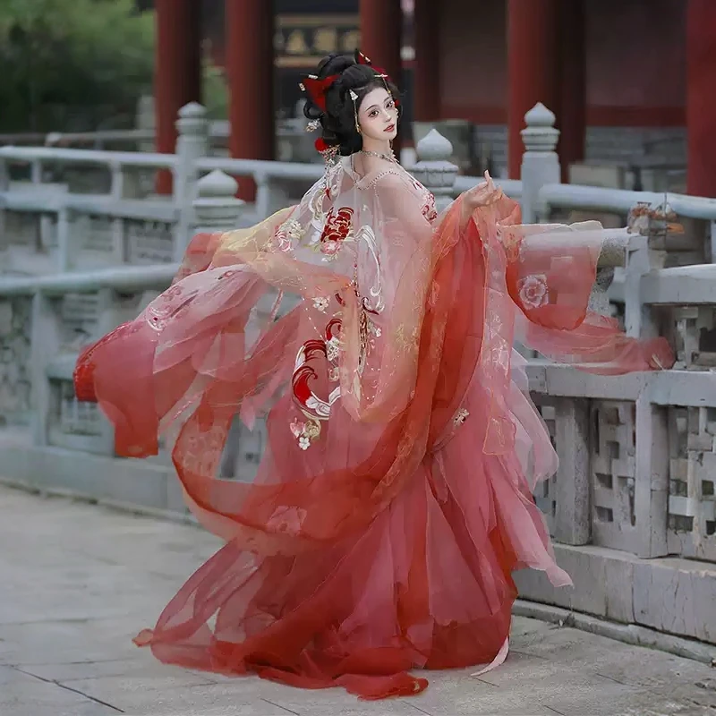 【涂山有狐】红色渐变九尾刺绣古风齐胸花瓣裙染林集大袖衫春夏套装