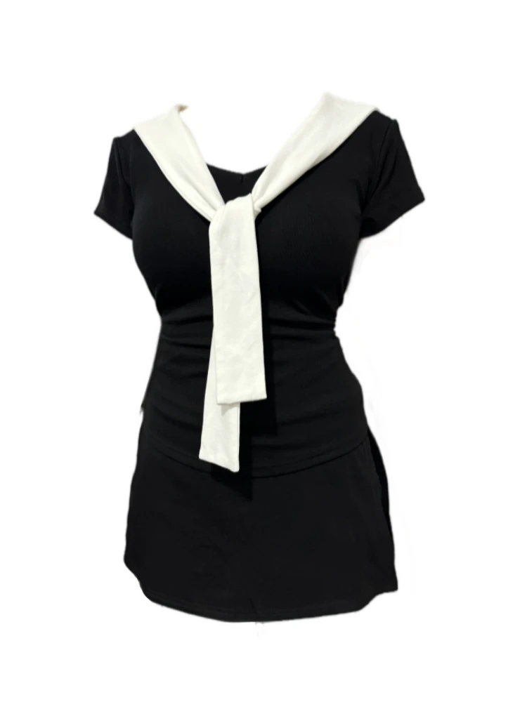 【Amy家】微胖mm学院风海军领短袖T恤女夏季显瘦撞色时尚显瘦两件套