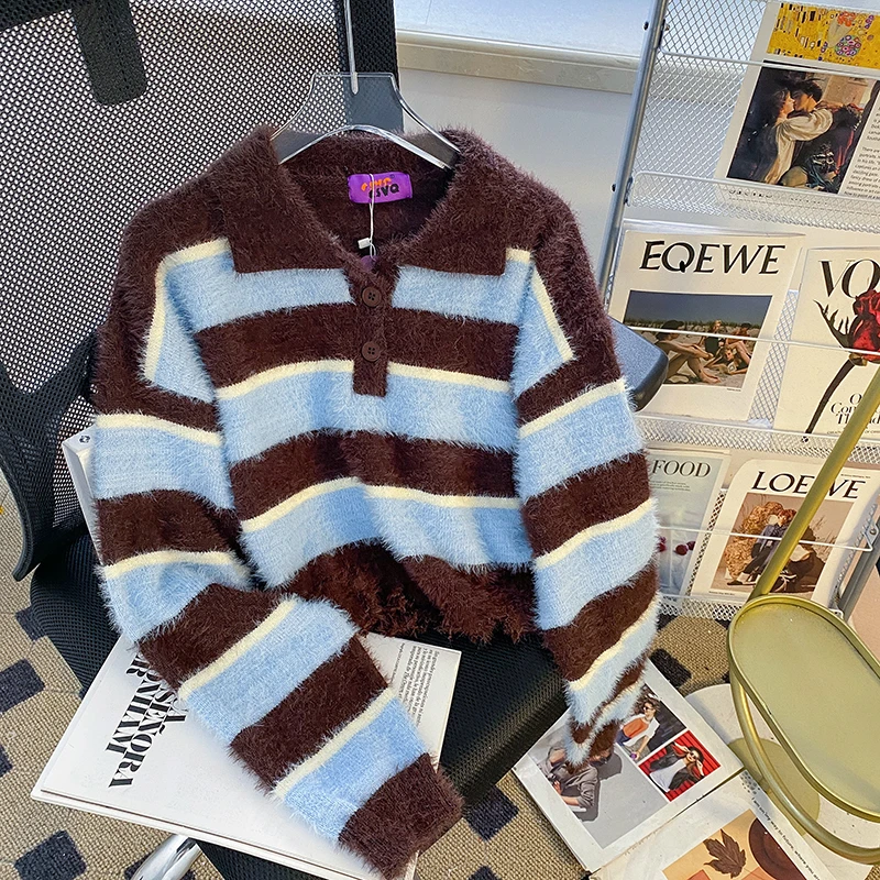 美拉德条纹Polo领短款毛衣女水绒绒毛甜酷毛绒绒氛围感针织衫上衣