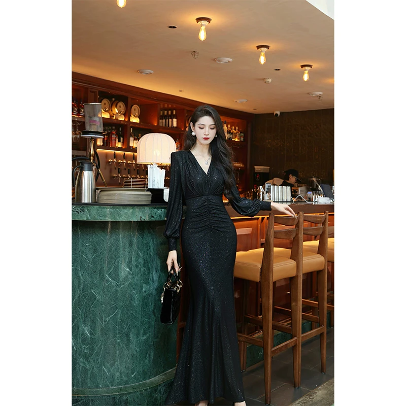 【尤克菲儿】 “永夜星河”轻奢针织撒粉复古修身名媛气质优雅连衣裙