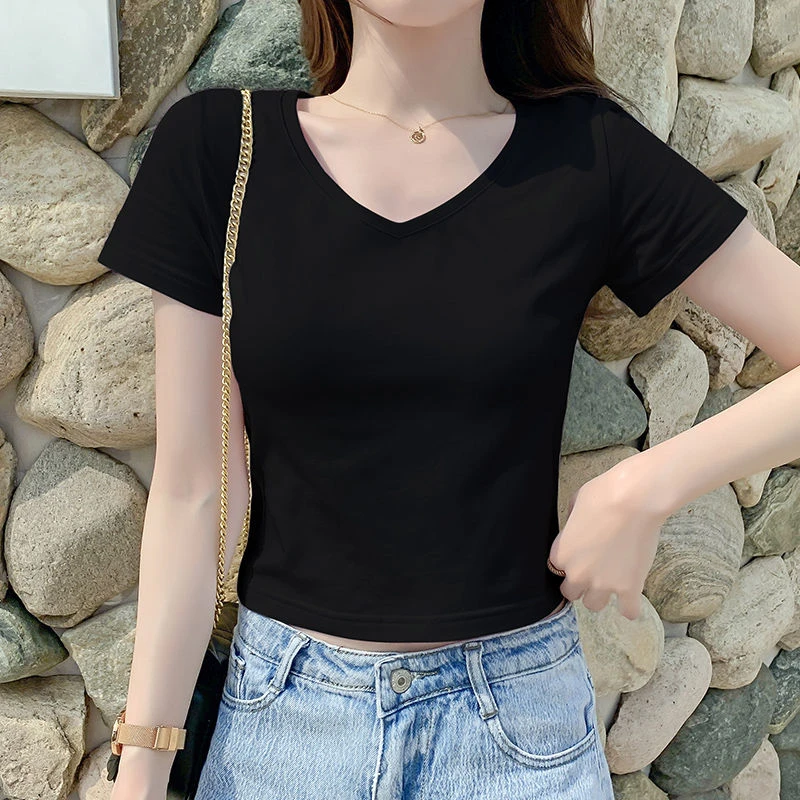 短款上衣黑色短袖t恤女紧身高腰性感露脐V领春夏季2025年新款体恤