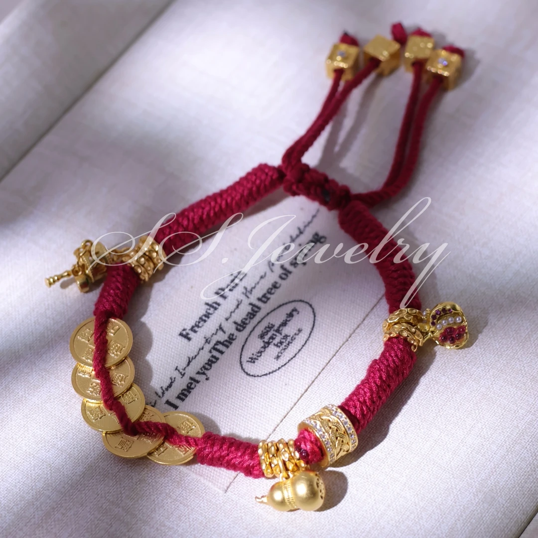 925银合成锆石手链 SS JEWELRY腰缠万贯五帝币红绳手链新中式盘缠