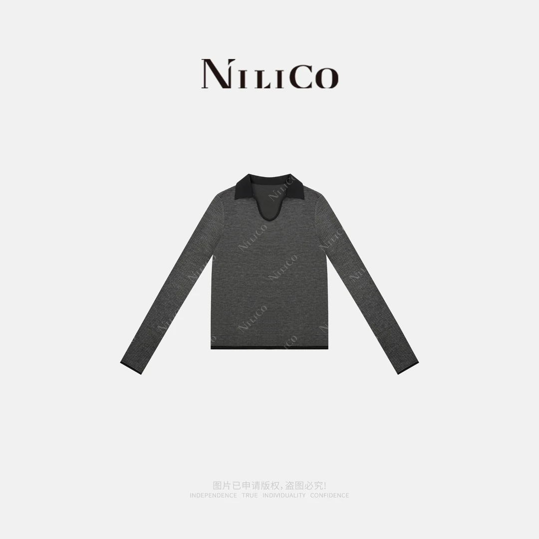 NILICO【夜曲】秋冬长袖修身V领黑灰撞色条纹打底衫上衣