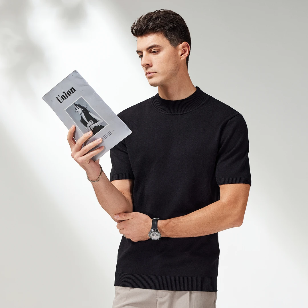 莱赛尔高级感男士半袖小高领针织半高领中领T恤男短袖毛衣打底衫