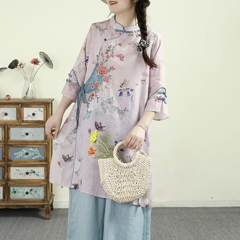 千秋飞燕国风印花刺绣苎麻衬衫女25年夏季中式斜襟中长款茶服上衣