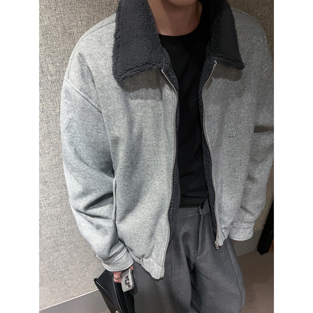 高林凡 韩风简约男友风廓形正反两面穿飞行员毛呢夹克外套男加厚