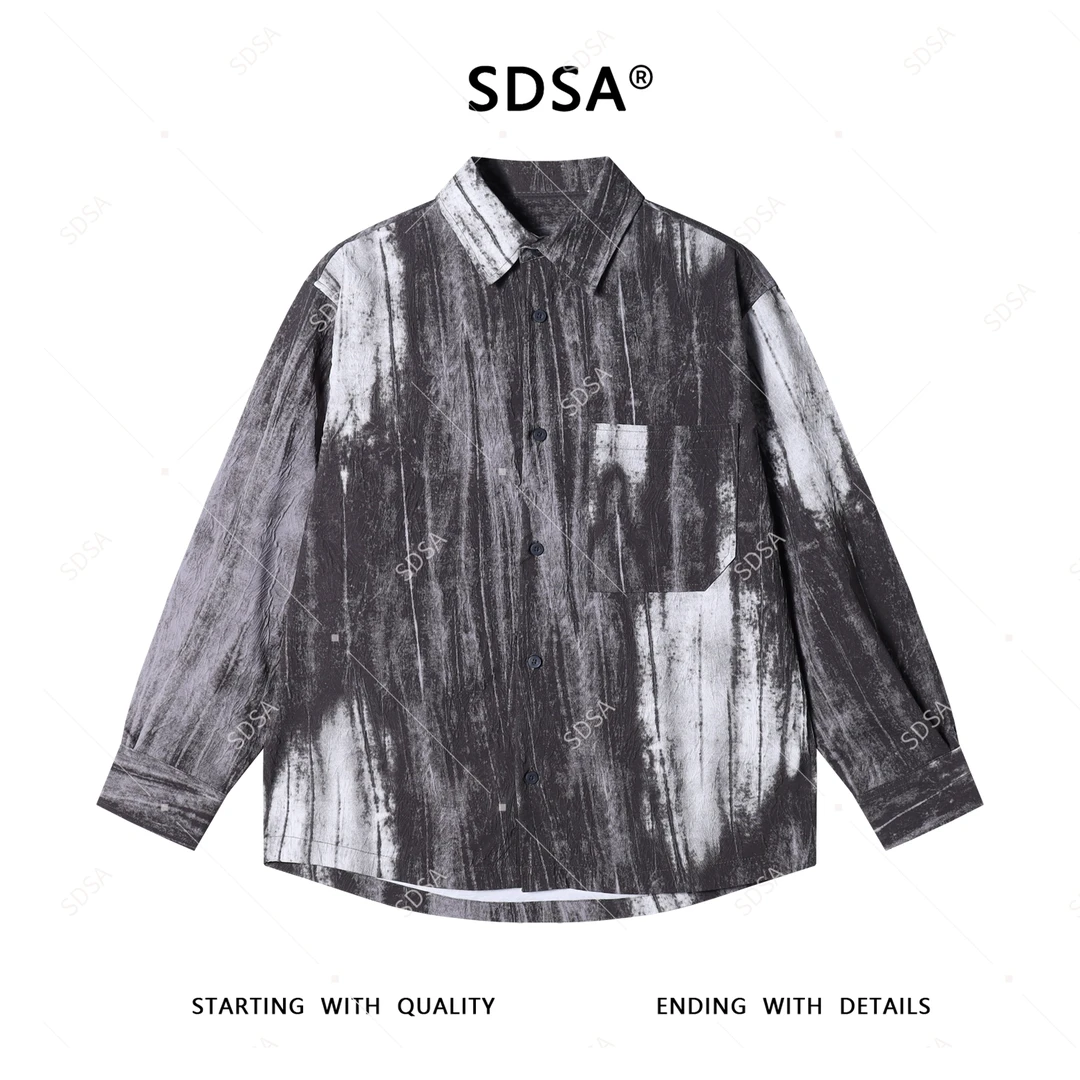 SDSA男士2025新款轻奢痞帅男装美式扎染晕染设计纽扣衬衫百搭时尚