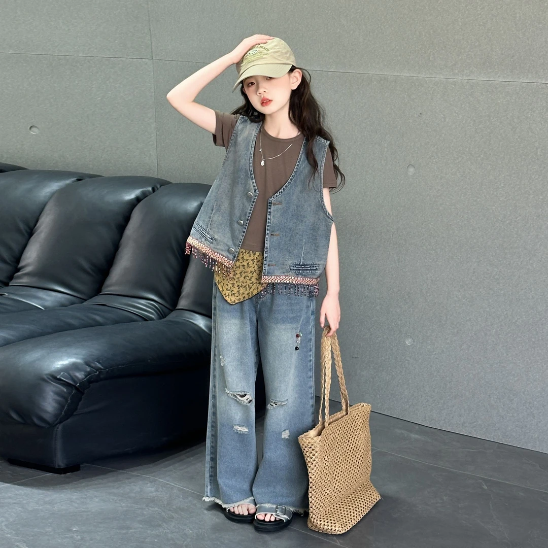 女童夏装轻奢小众高端套装2025新款中大童女孩夏季牛仔马甲三件套