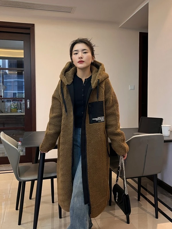 「ZJ」连帽长款绒外套