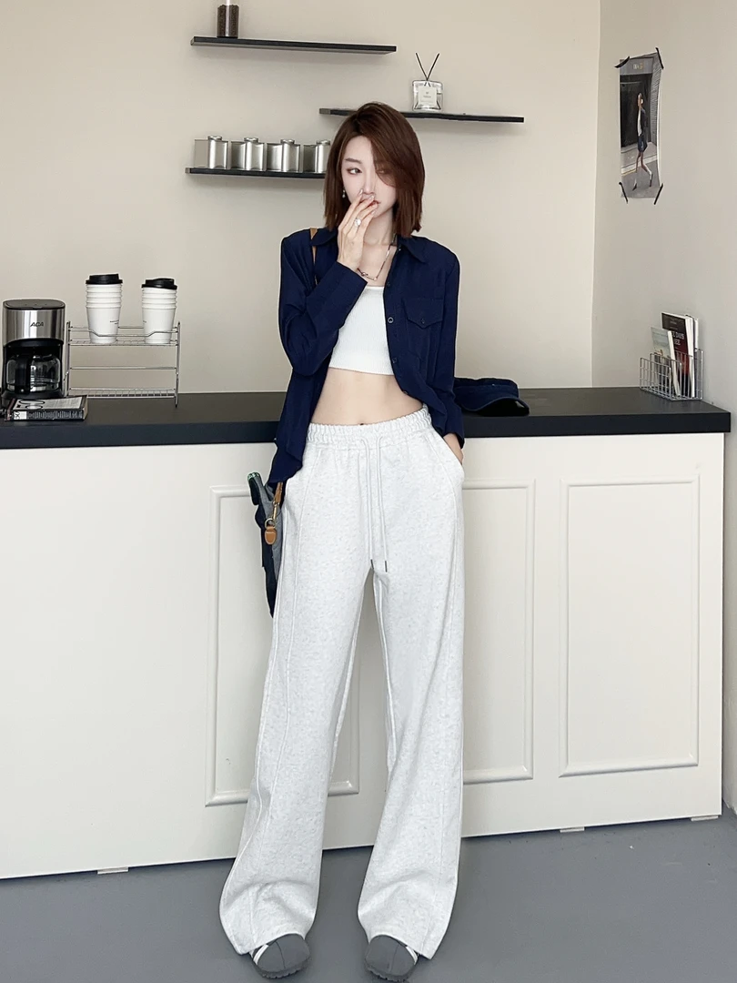 高腰慵懒风纯色窄版直筒裤拼接休闲裤薄款舒适休闲裤子01
