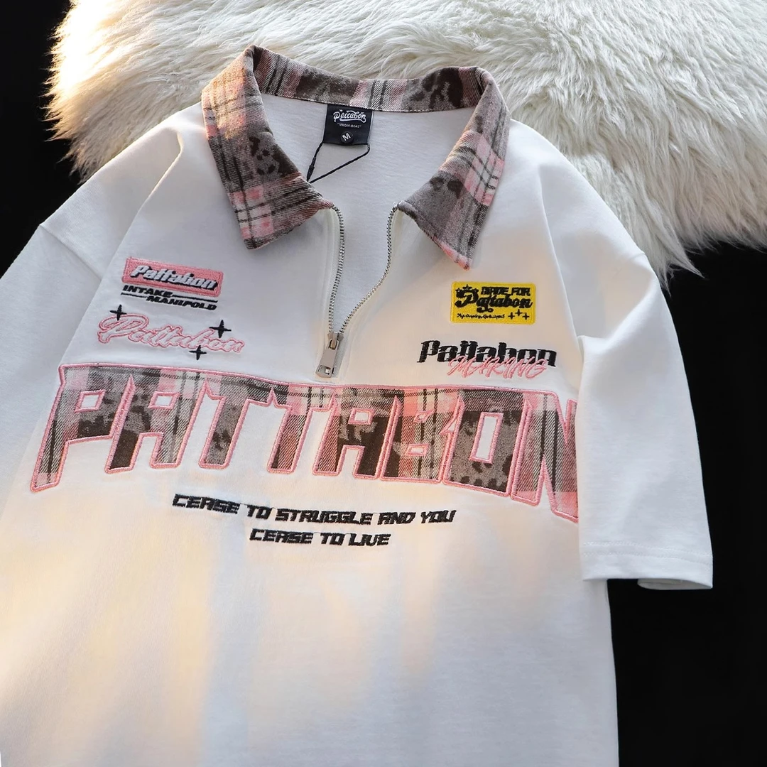 美式刺绣字母polo领半拉链短袖t恤男女夏宽松半袖潮牌hiphop上衣