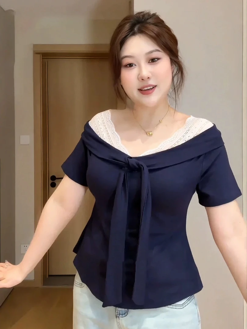 拼接V领蕾丝蝴蝶结短袖宽松型T恤夏装时尚欧若精灵风