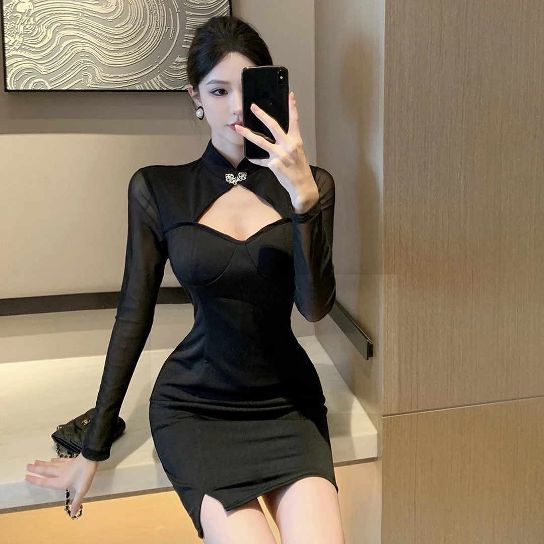 纯欲气质御姐风镂空修身网纱长袖性感连衣裙秋冬高级感包臀裙内搭