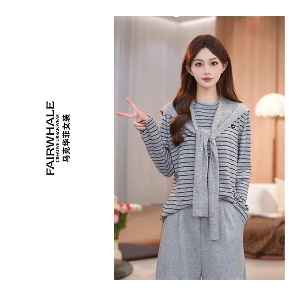 马克华菲女装披肩秋冬长袖两件套条纹休闲宽松针织衫Z06T38 qq