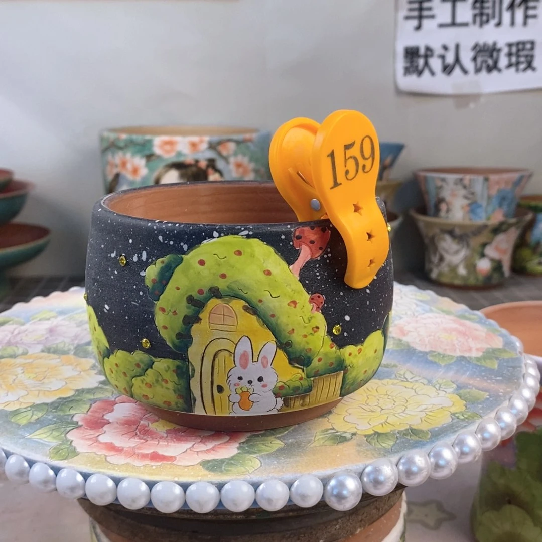 紫砂花盆王*红陶手绘花盆