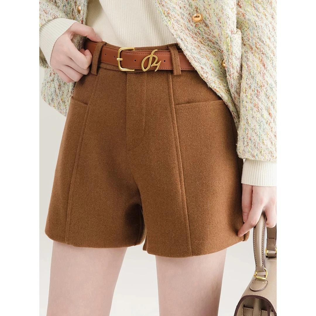 高腰毛呢短裤女显瘦外穿2024秋冬新款a字百搭时尚阔腿短裤