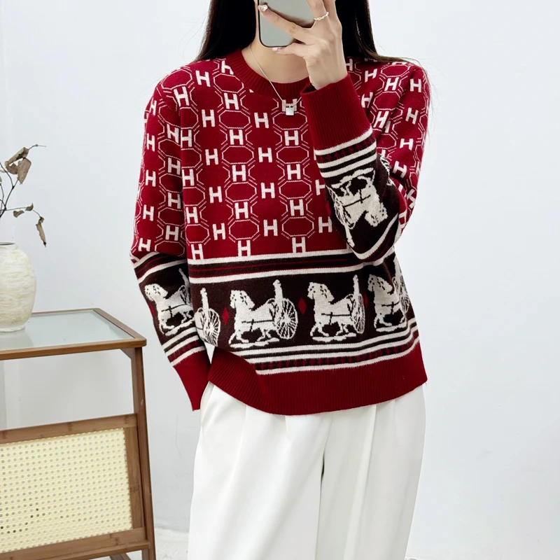 红色H小马拉车秋冬新款针织宽松百搭羊毛衫12141