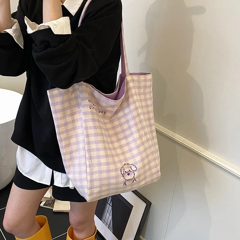 大容量慵懒风通勤包包女式2025新款时尚帆布单肩包格子百搭托特包