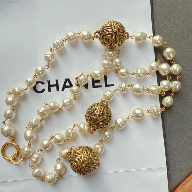 95新 Chanel/香奈儿 Chanel vintage香奈儿中古金球珍珠项链