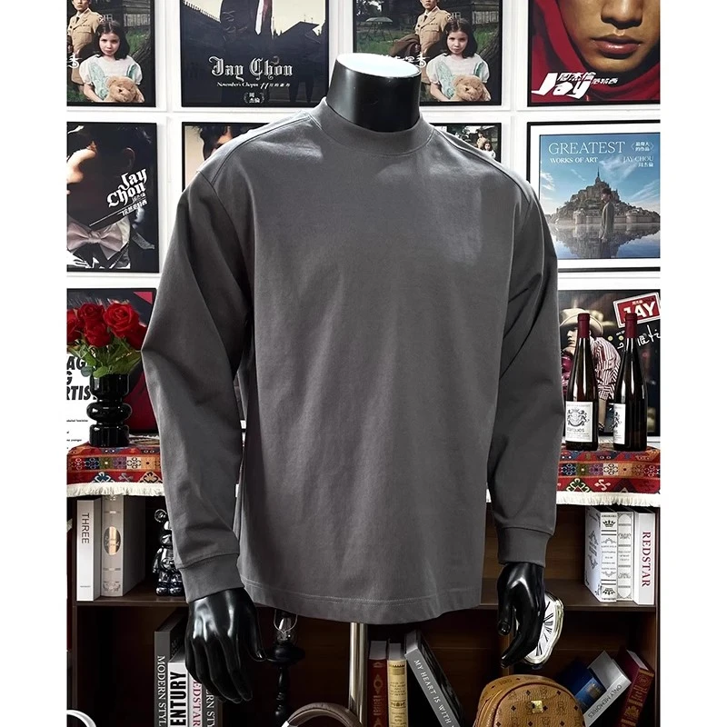 深灰色正肩长袖t恤男款春秋内搭打底上衣美式复古重磅小领口卫衣