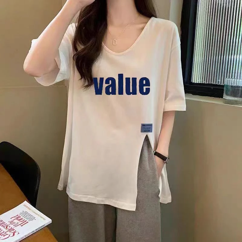 宽松半袖上衣纯女短袖女2025年夏季新款中长款不规则开叉领恤潮