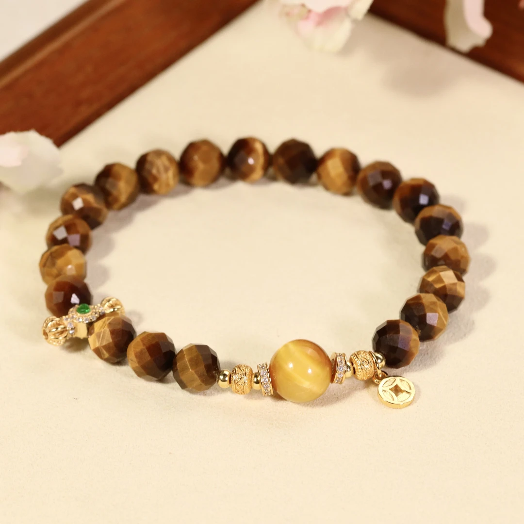 天然卡8mm钻面切割黄虎眼搭配10mm金虎眼金刚杵杵新中式原创手串