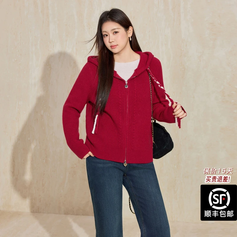 蓝语大码女装新年红色连帽软糯针织衫冬季新款双拉链内搭外穿毛衣