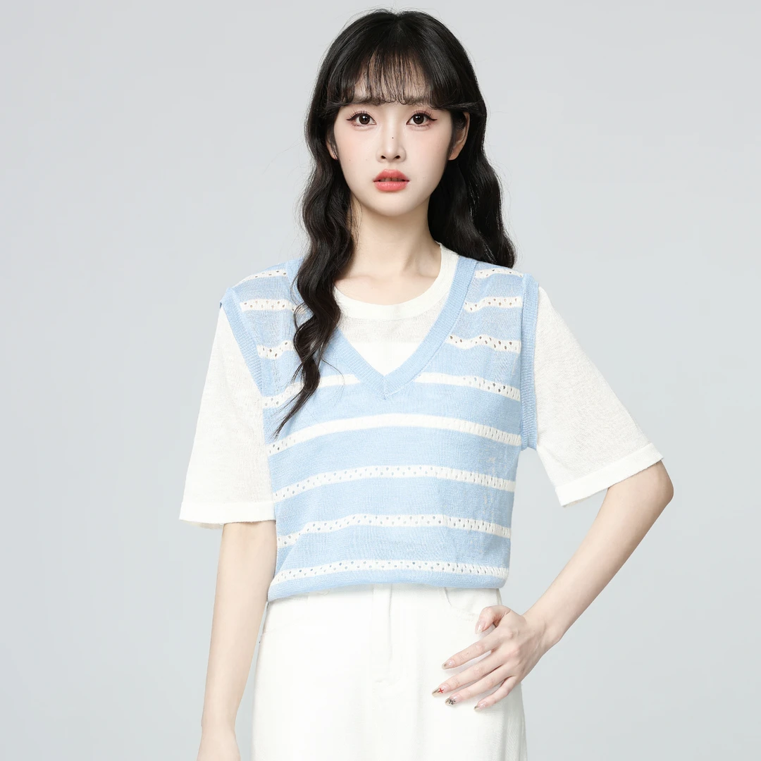 撞色条纹针织短袖T恤女夏2025夏季新款假两件拼接V领体恤半袖上衣