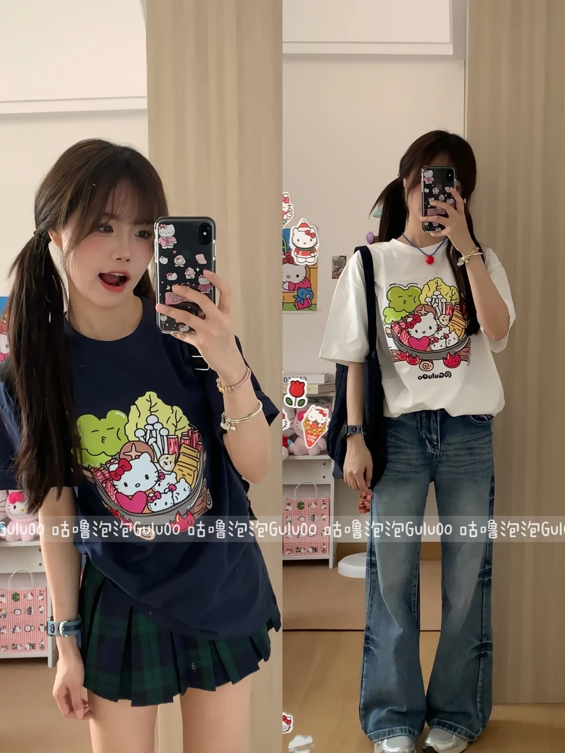 【咕噜泡泡】韩系ins可爱自制火锅kt印花短袖T恤百搭休闲宽松上衣