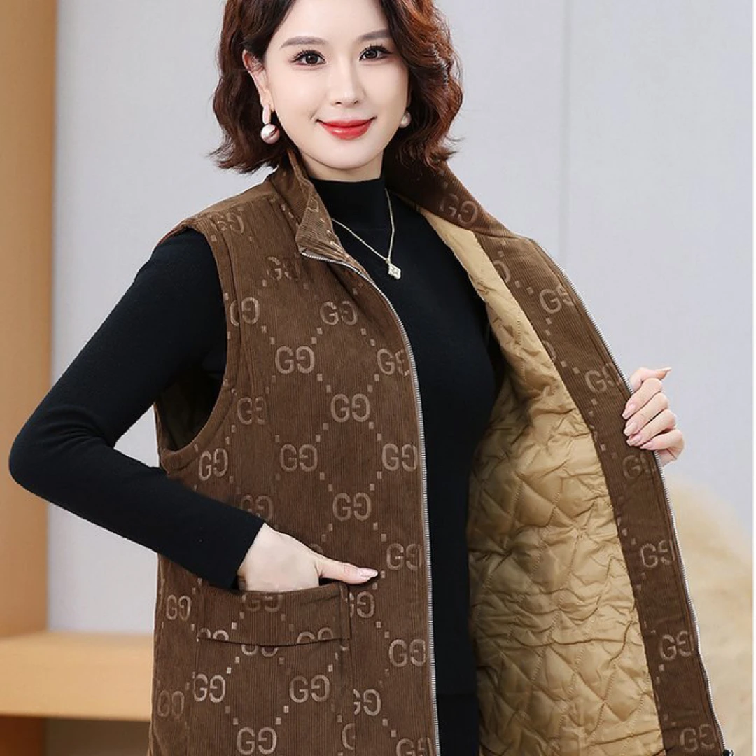 新中式立领马甲特大码中老年秋冬加棉加厚灯芯绒马甲洋气宽松女