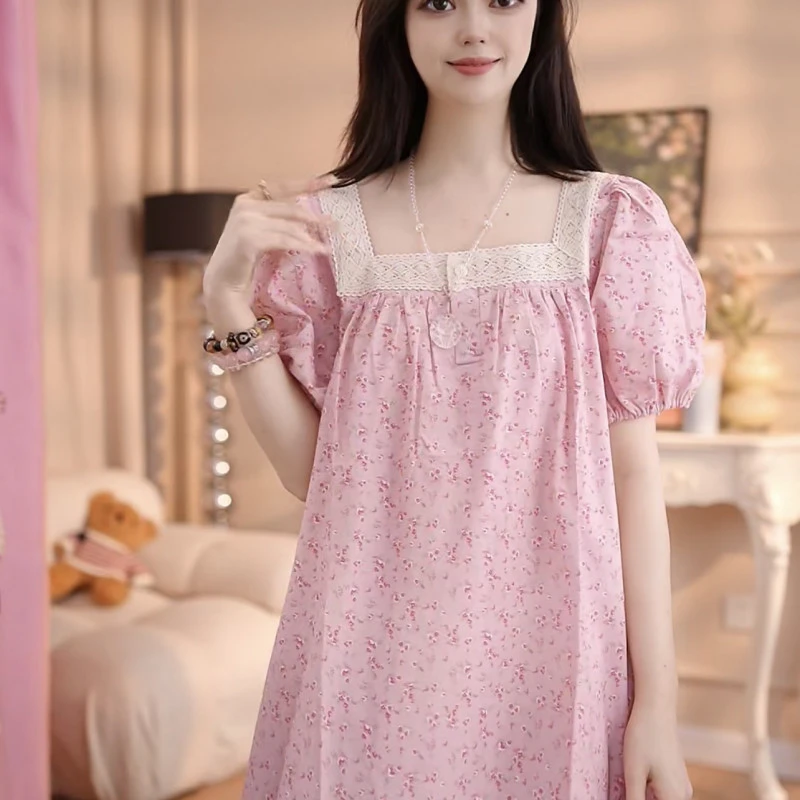 【小粉碎花】睡衣女棉裙子宽松甜美大码时尚休闲睡衣QQ