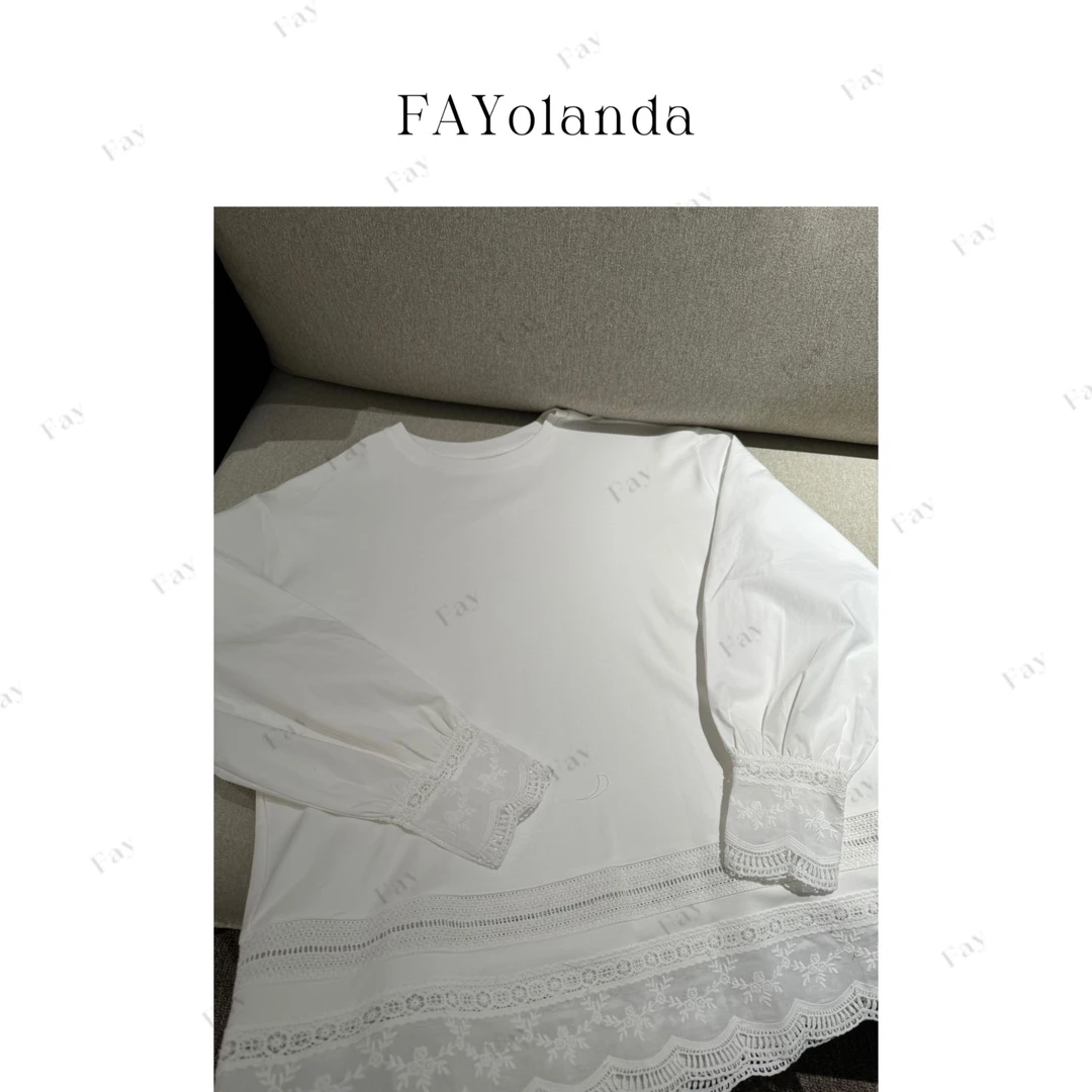 FAY 丨拼接袖蕾丝花边白T恤（1H03588）